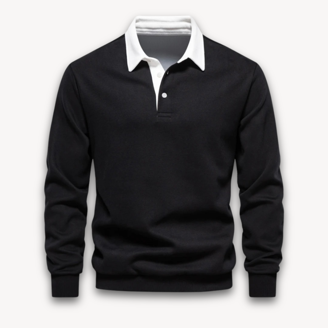 "Men's navy cotton long-sleeve polo sweater with classic design and contrasting collar, perfect for casual or formal wear."
