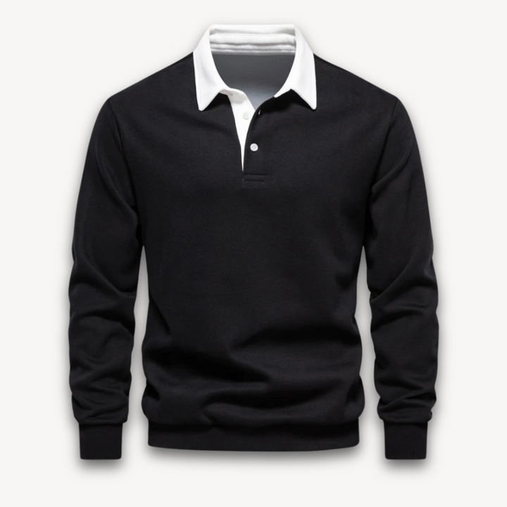"Men's navy cotton long-sleeve polo sweater with classic design and contrasting collar, perfect for casual or formal wear."