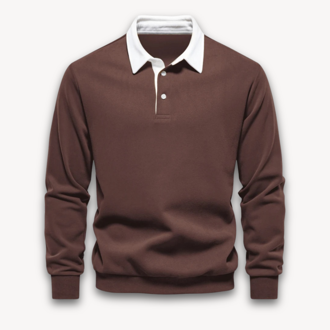 "Men's navy cotton long-sleeve polo sweater with classic design and contrasting collar, perfect for casual or formal wear."
