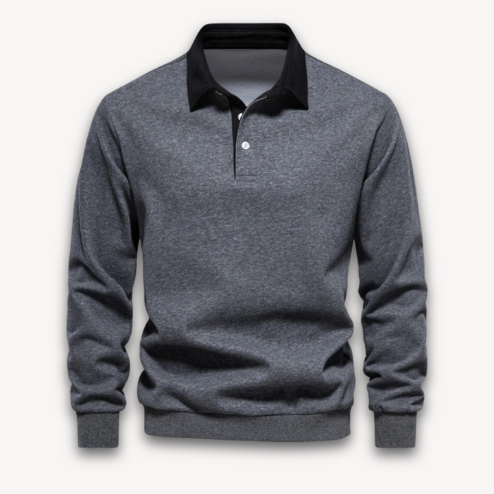 "Men's navy cotton long-sleeve polo sweater with classic design and contrasting collar, perfect for casual or formal wear."