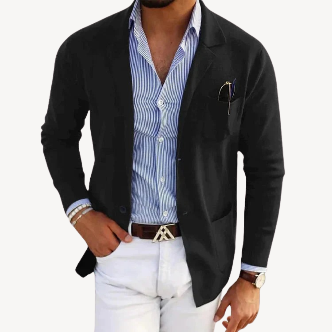 "Men's navy slim fit cotton blend blazer with notched lapel shown front view, perfect for casual and smart occasions."