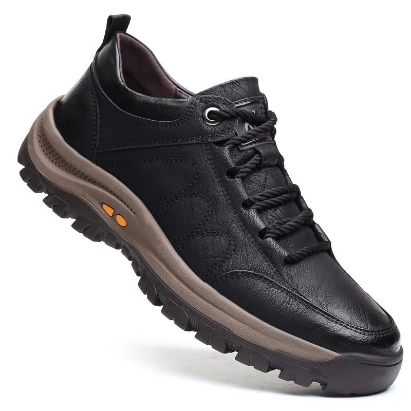 "Men's orthopedic leather shoes, comfortable, waterproof, high-quality cowhide, ergonomic, modern casual style, 400x400."