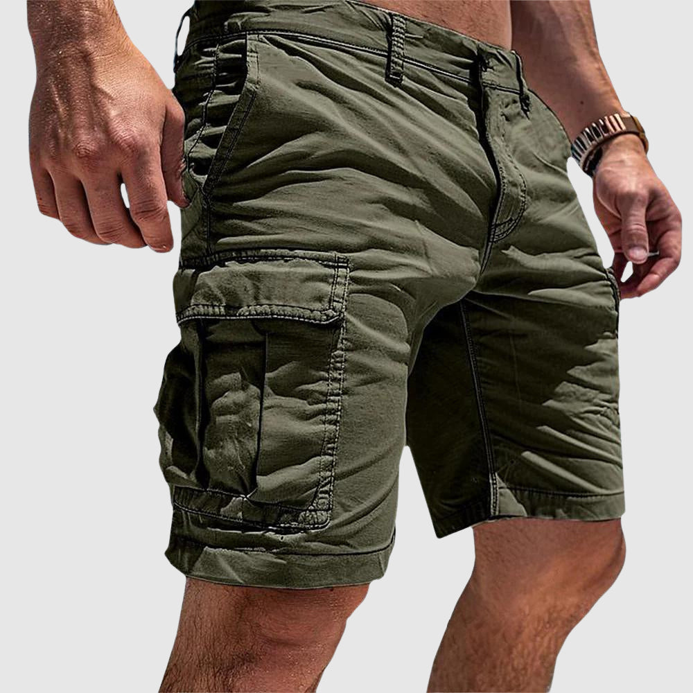 Men's outdoor cargo shorts, khaki with multiple utility pockets, breathable, durable fabric, ideal for hiking and casual wear