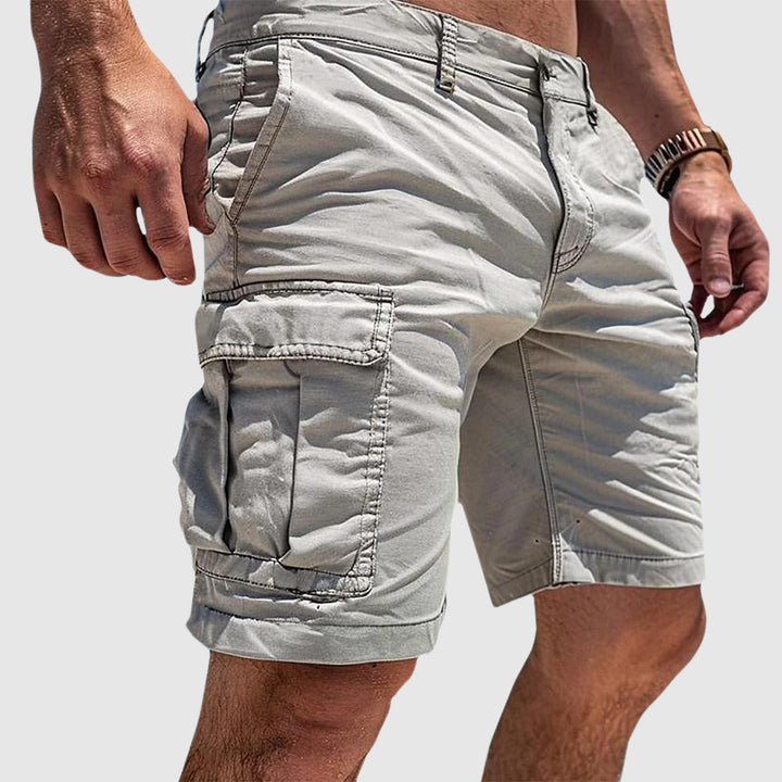Men's outdoor cargo shorts, khaki with multiple utility pockets, breathable, durable fabric, ideal for hiking and casual wear
