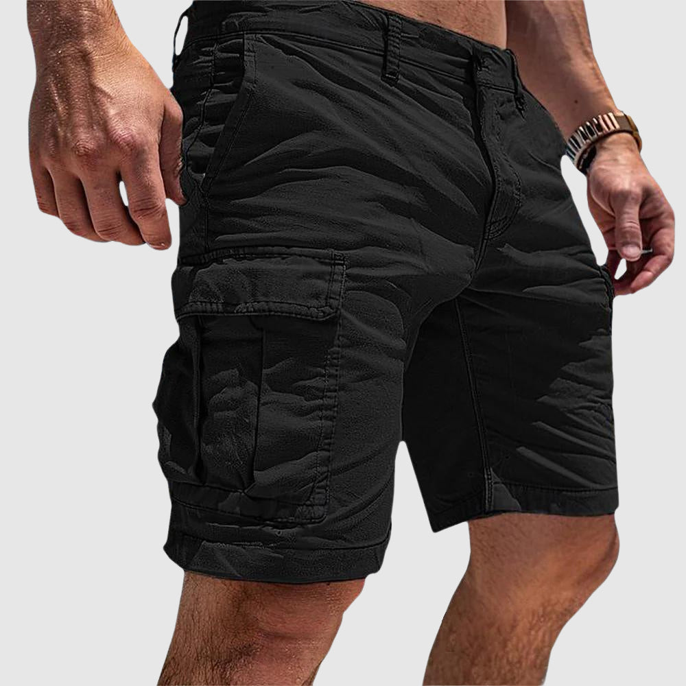 Men's outdoor cargo shorts, khaki with multiple utility pockets, breathable, durable fabric, ideal for hiking and casual wear