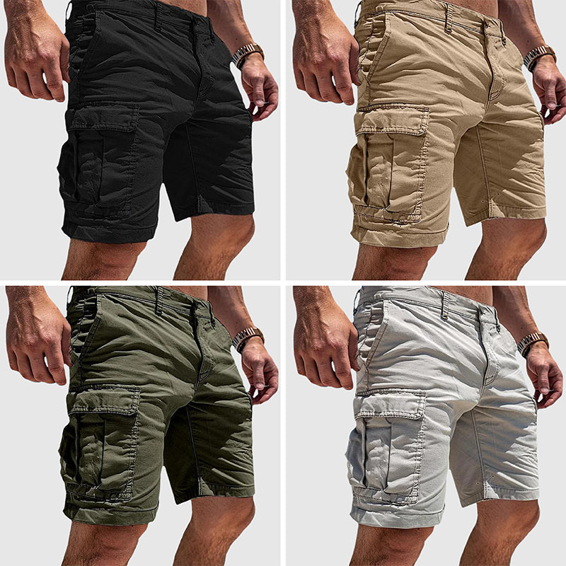 Men's outdoor cargo shorts, khaki with multiple utility pockets, breathable, durable fabric, ideal for hiking and casual wear