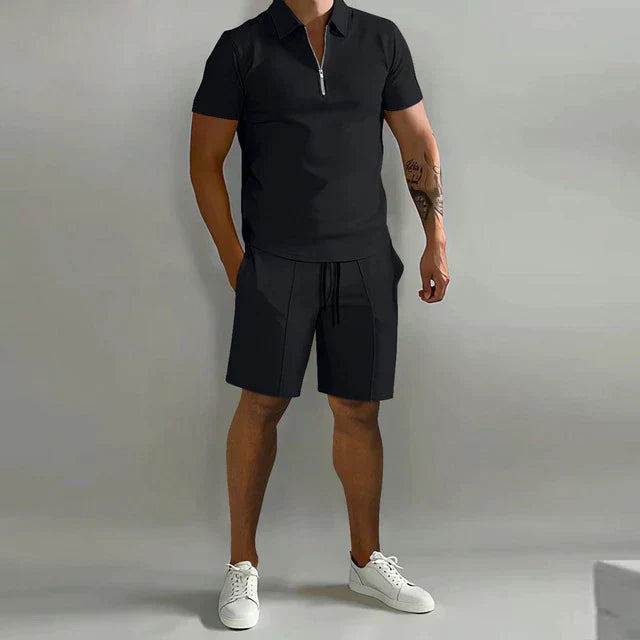 "Men's polo and shorts two-piece set; stylish, lightweight, and breathable for smart-casual wear, perfect for summer."