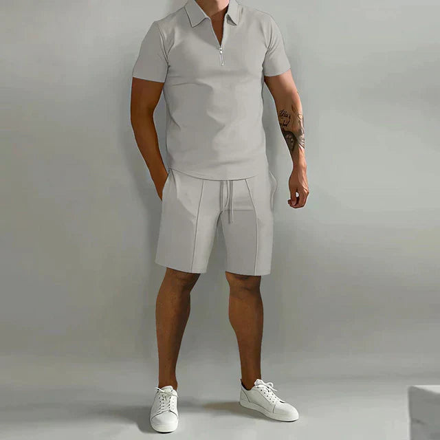 "Men's polo and shorts two-piece set; stylish, lightweight, and breathable for smart-casual wear, perfect for summer."