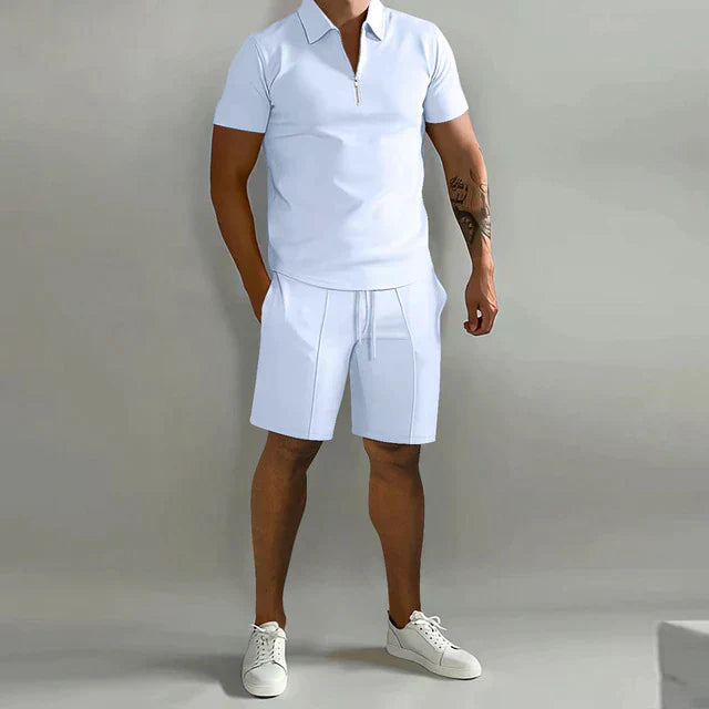 "Men's polo and shorts two-piece set; stylish, lightweight, and breathable for smart-casual wear, perfect for summer."