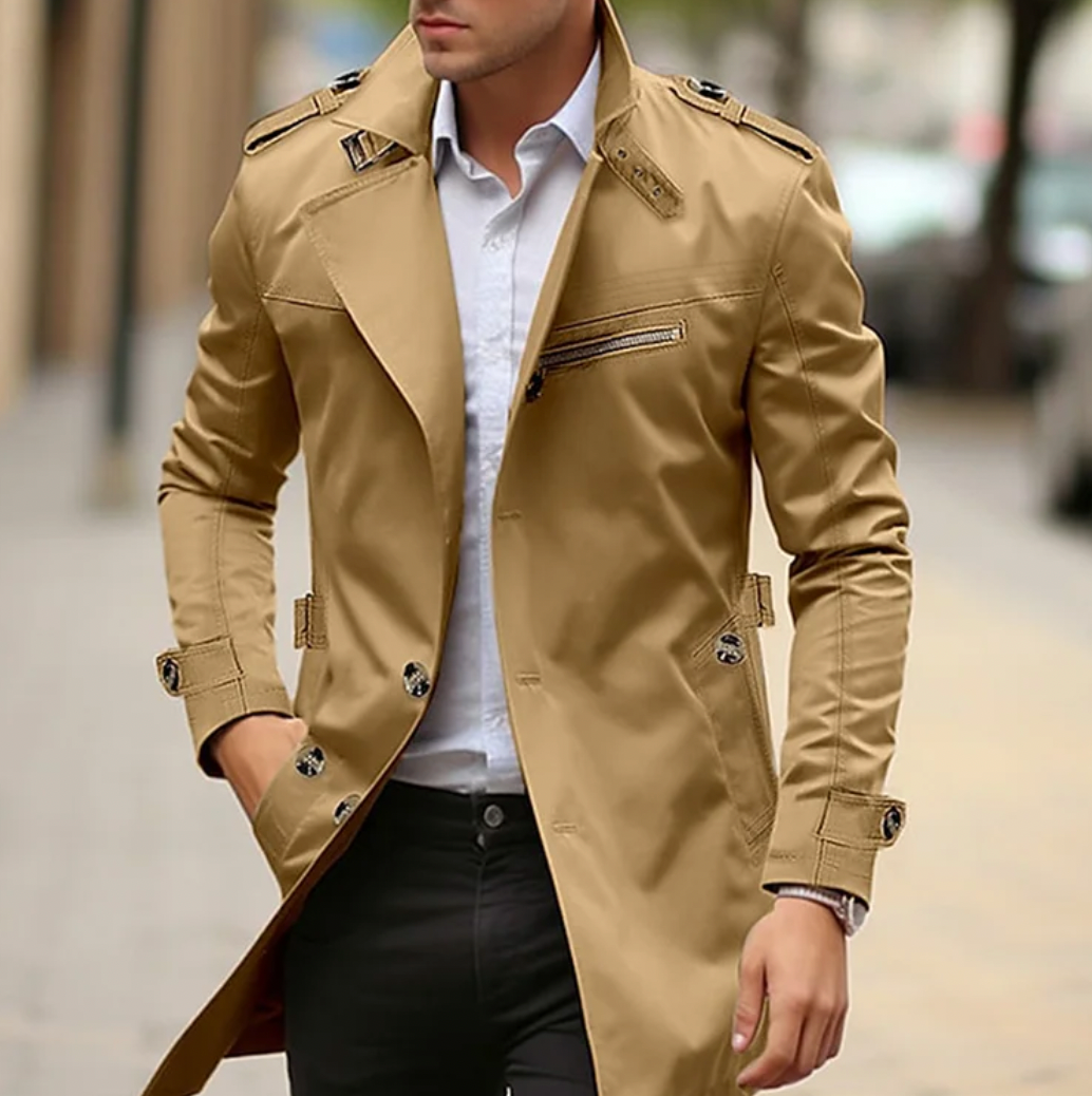 "Men's premium cotton trench coat, stylish spring outerwear, featuring sleek design and high-quality material, front view."