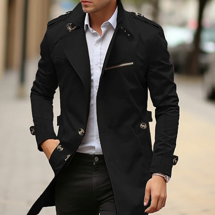 "Men's premium cotton trench coat, stylish spring outerwear, featuring sleek design and high-quality material, front view."