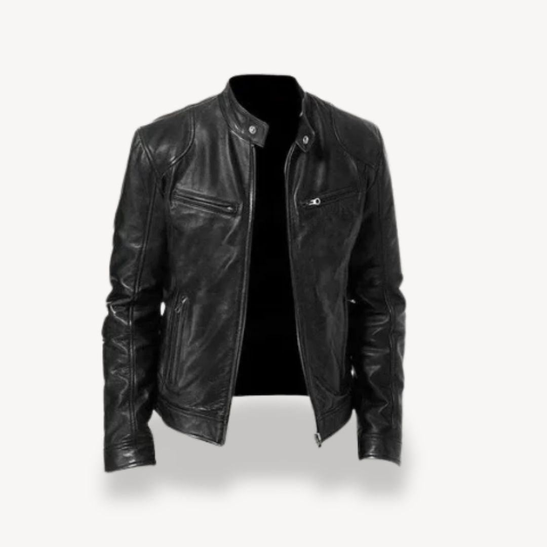 "Men’s premium leather biker jacket, zip-up style, front view, showcasing sleek design and quilted shoulders."