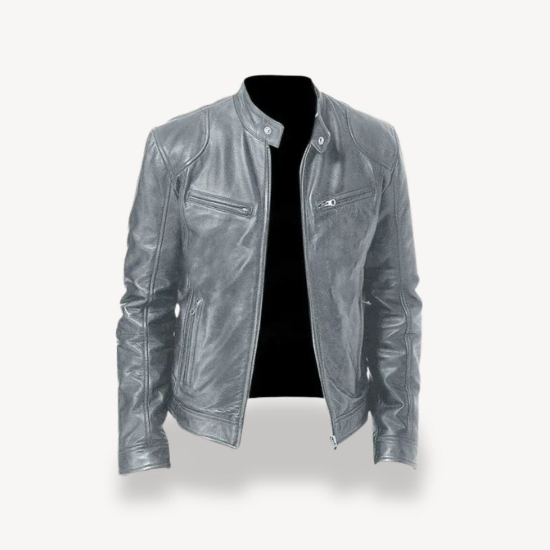 "Men’s premium leather biker jacket, zip-up style, front view, showcasing sleek design and quilted shoulders."