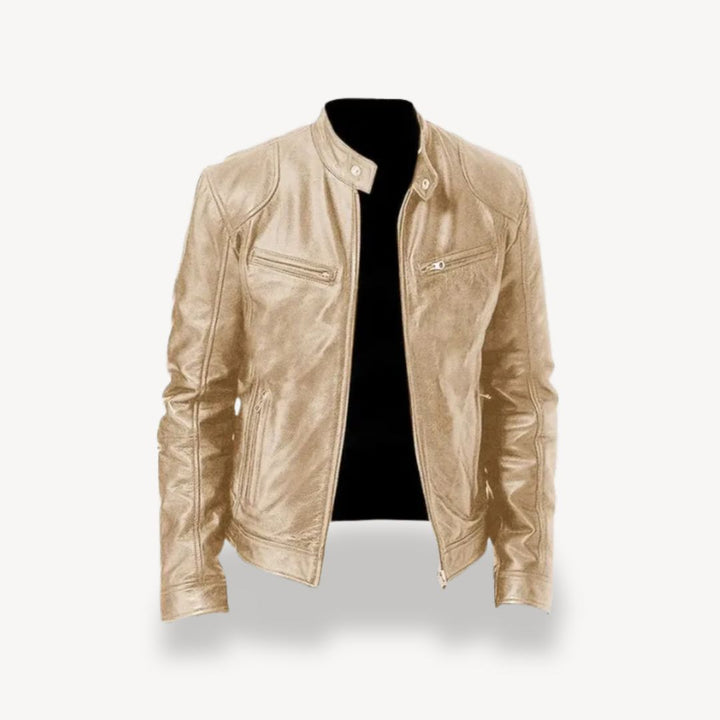 "Men’s premium leather biker jacket, zip-up style, front view, showcasing sleek design and quilted shoulders."