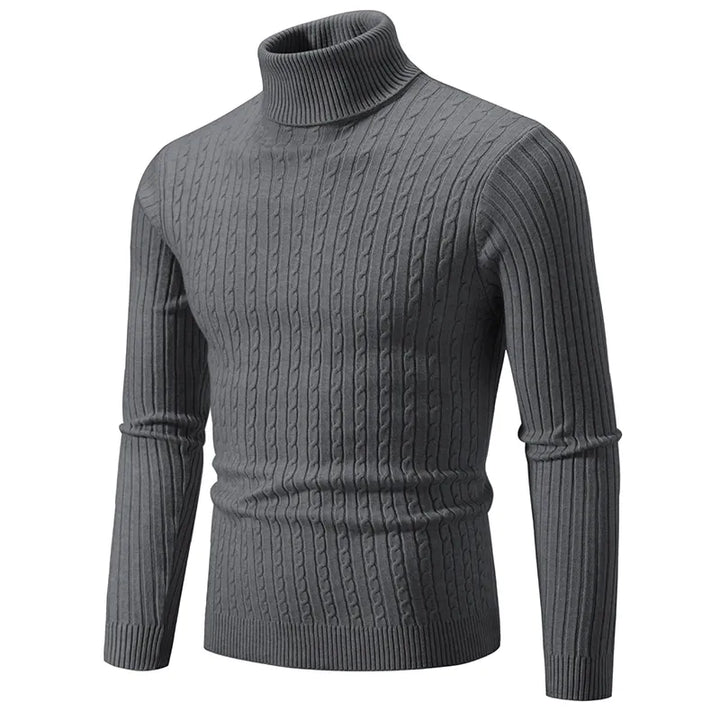 Men's premium turtleneck sweater in dark grey, featuring a high collar, soft knit, offering warmth and timeless style.