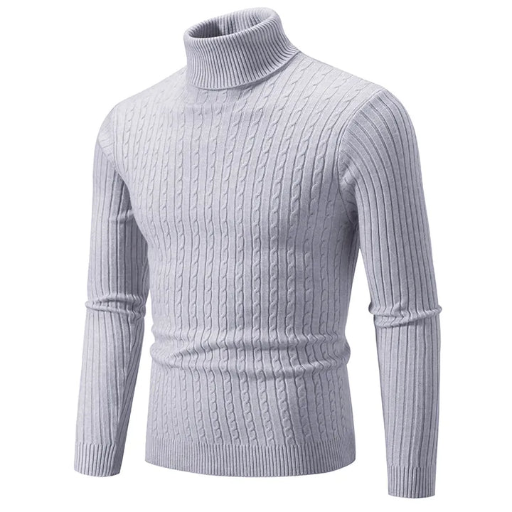 Men's premium turtleneck sweater in dark grey, featuring a high collar, soft knit, offering warmth and timeless style.