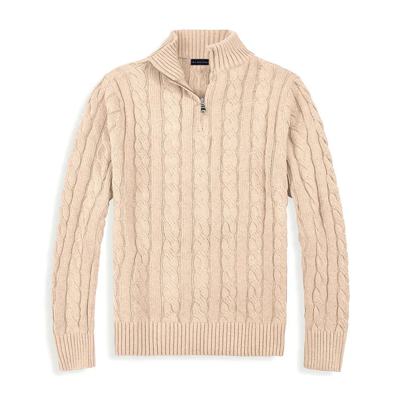 "Men's regular fit cable knit half zip sweater in cotton blend with ribbed trim, ideal for layering in fall and winter fashio