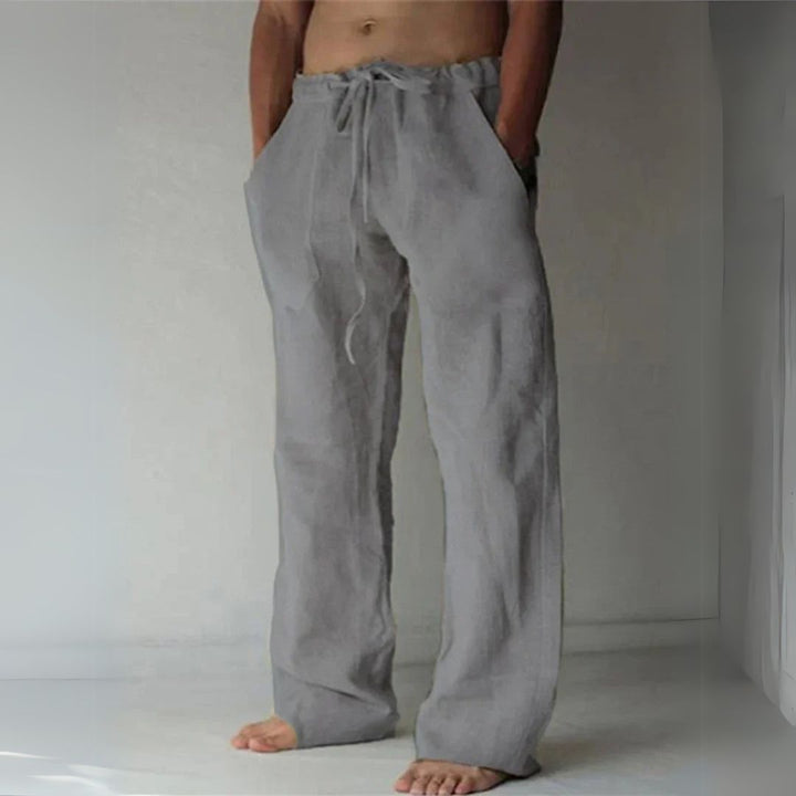"Men's relaxed fit casual linen lounge pants; adjustable waist, versatile design, side pockets, ideal for leisure and outings