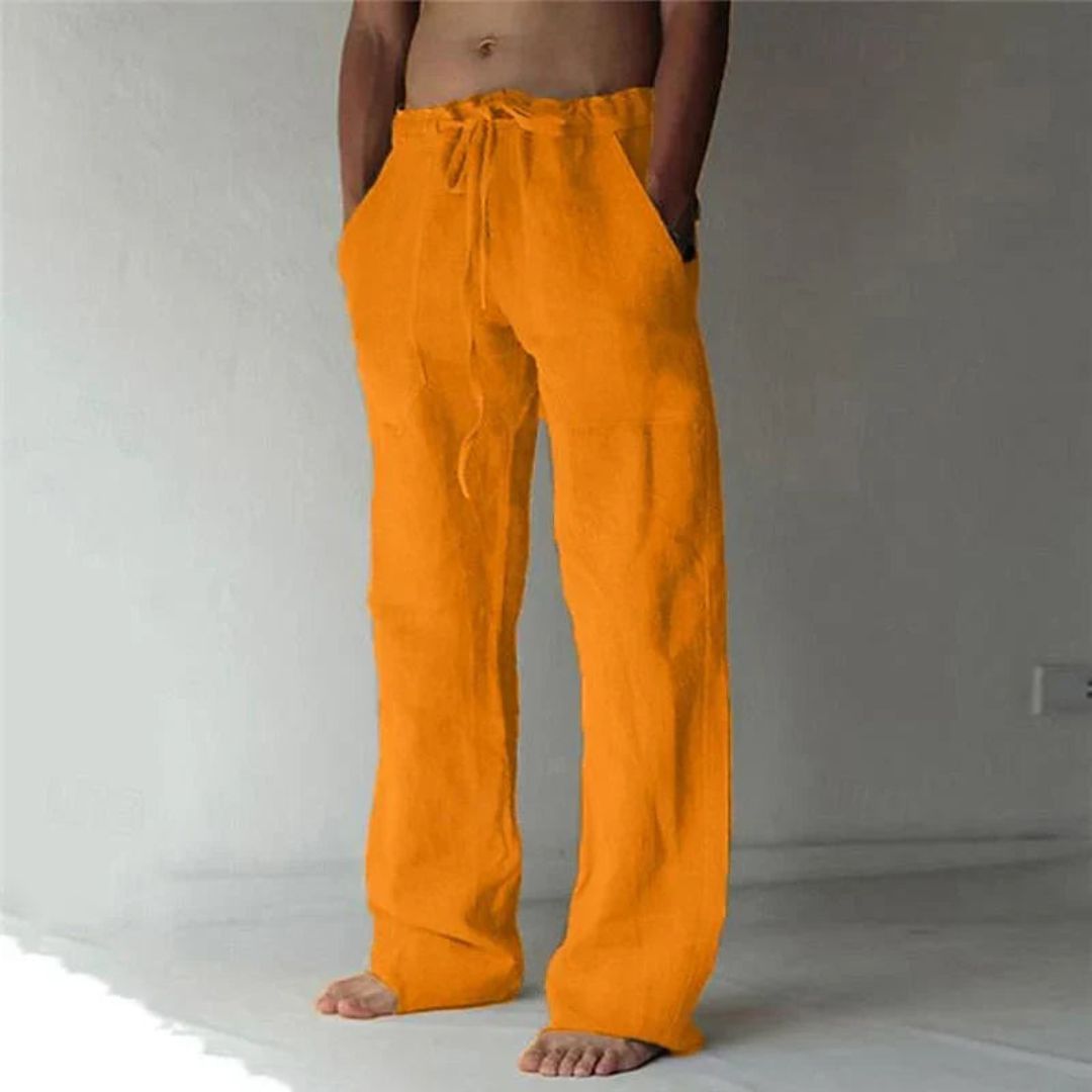"Men's relaxed fit casual linen lounge pants; adjustable waist, versatile design, side pockets, ideal for leisure and outings