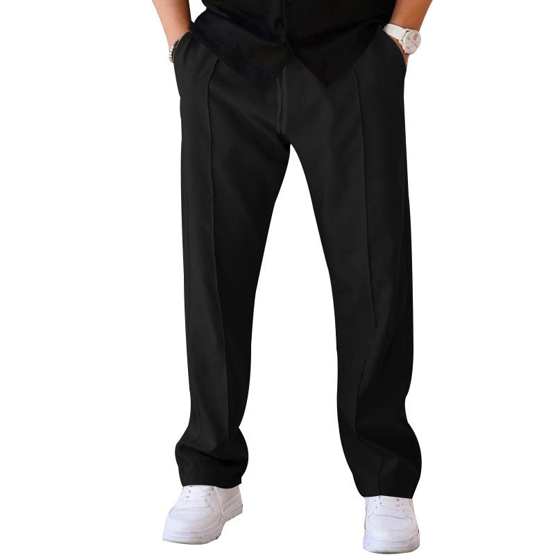 "Men's relaxed linen trousers, wide-leg, breathable, versatile colors like beige, black, blue; perfect comfort and style"