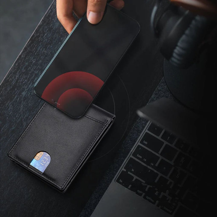 Men's RFID-Blocking Leather Wallet with AirTag holder, featuring premium leather, sleek design, card slots, and cash compartm