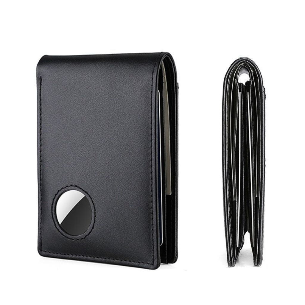Men's RFID-Blocking Leather Wallet with AirTag holder, featuring premium leather, sleek design, card slots, and cash compartm