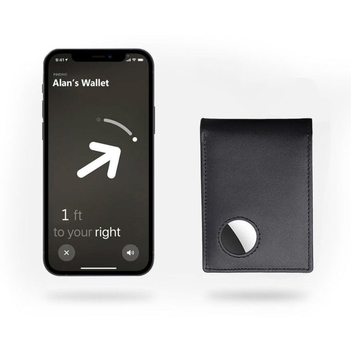 Men's RFID-Blocking Leather Wallet with AirTag holder, featuring premium leather, sleek design, card slots, and cash compartm