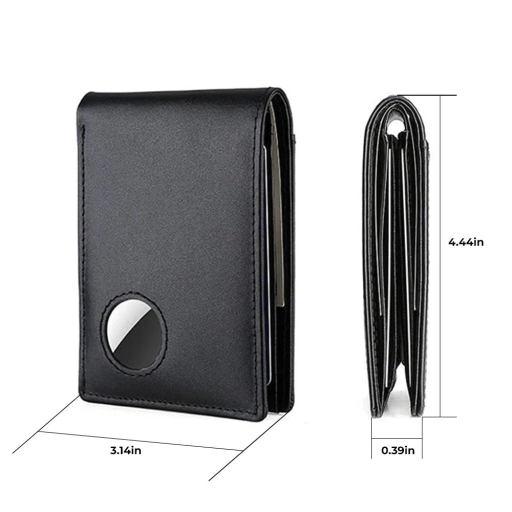 Men's RFID-Blocking Leather Wallet with AirTag holder, featuring premium leather, sleek design, card slots, and cash compartm