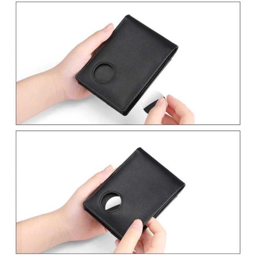 Men's RFID-Blocking Leather Wallet with AirTag holder, featuring premium leather, sleek design, card slots, and cash compartm