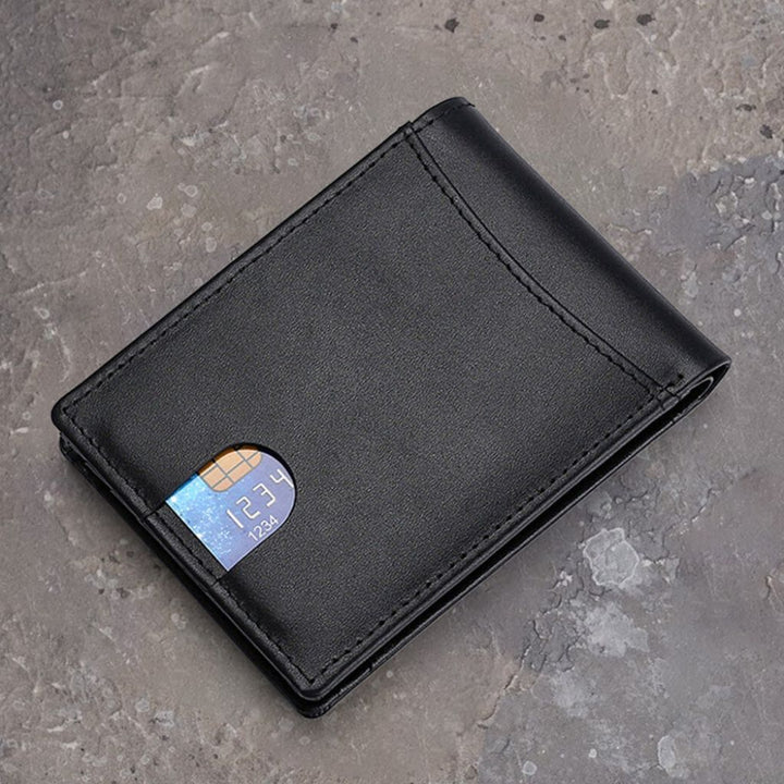 Men's RFID-Blocking Leather Wallet with AirTag holder, featuring premium leather, sleek design, card slots, and cash compartm