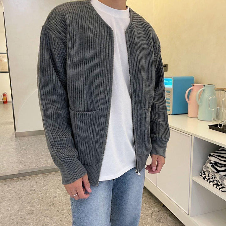 "Men's round neck cardigan jacket front view, stylish button-down, soft fabric, perfect for casual or formal wear."