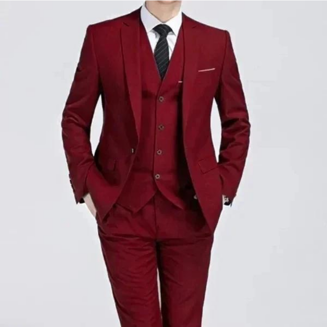 "Men's slim fit three-piece suit with notch lapel, single-breasted design, showcasing elegant formal wear in versatile colors