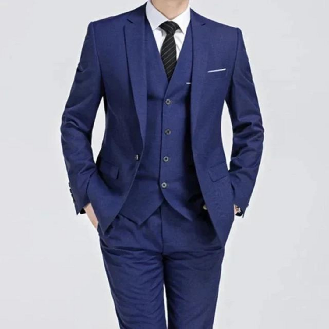 "Men's slim fit three-piece suit with notch lapel, single-breasted design, showcasing elegant formal wear in versatile colors