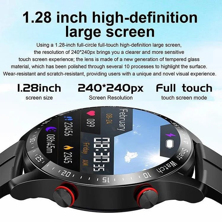 Men's smartwatch with sleek design, heart rate, and glucose monitoring features, ideal for fitness and style-conscious men.