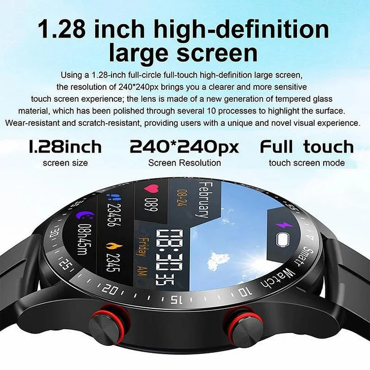 Men's smartwatch with sleek design, heart rate, and glucose monitoring features, ideal for fitness and style-conscious men.
