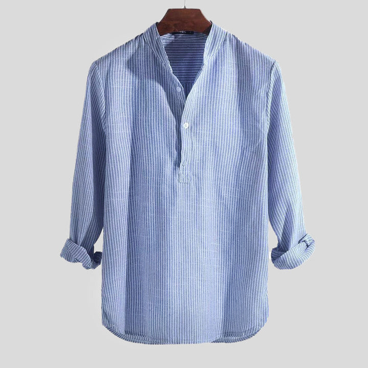 "Men's striped cotton linen Henley shirt, long sleeve, band collar, front view showing stripes and relaxed fit."