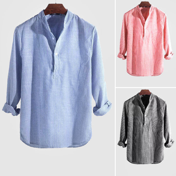 "Men's striped cotton linen Henley shirt, long sleeve, band collar, front view showing stripes and relaxed fit."