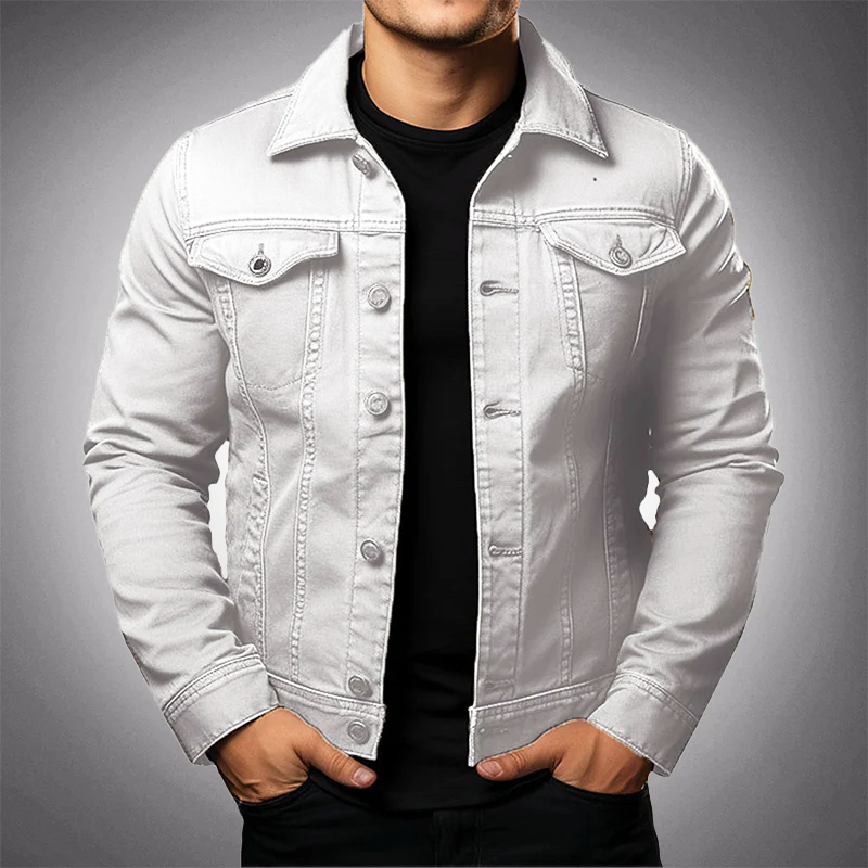 Men's structured denim jacket with button front, collared design, and chest pockets in durable fabric for classic casual styl