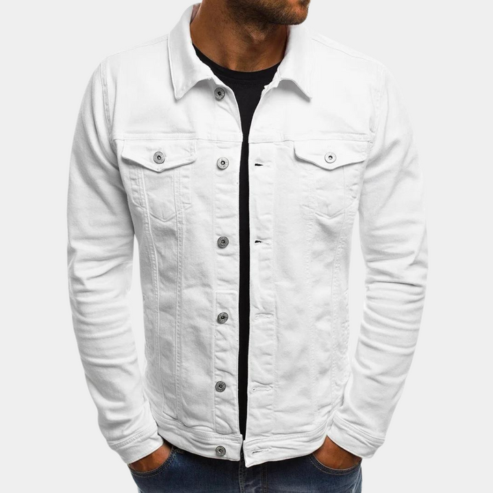 "Men's stylish denim jacket, classic cut, clean lines, versatile for smart-casual wear, perfect for spring to autumn seasons.