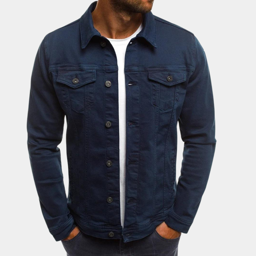 "Men's stylish denim jacket, classic cut, clean lines, versatile for smart-casual wear, perfect for spring to autumn seasons.