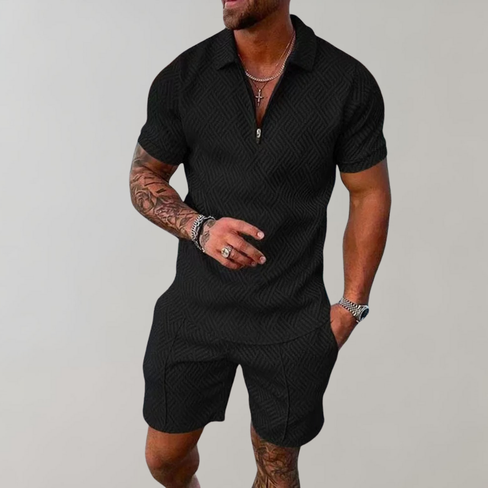 "Men's summer polo and shorts set, casual style, features a sleek zip polo with matching shorts, perfect for warm days."