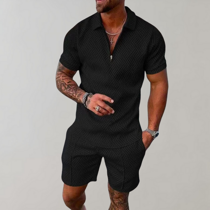 "Men's summer polo and shorts set, casual style, features a sleek zip polo with matching shorts, perfect for warm days."