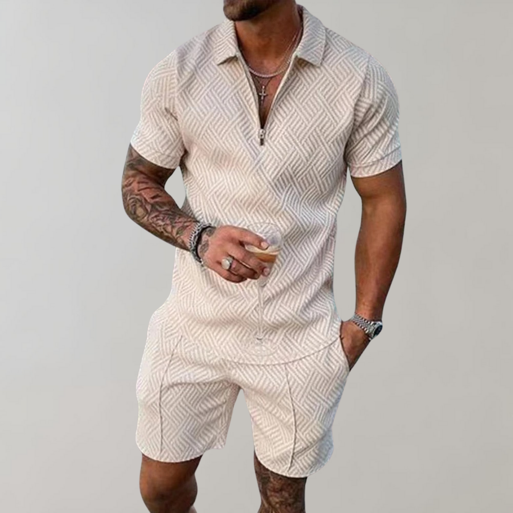 "Men's summer polo and shorts set, casual style, features a sleek zip polo with matching shorts, perfect for warm days."