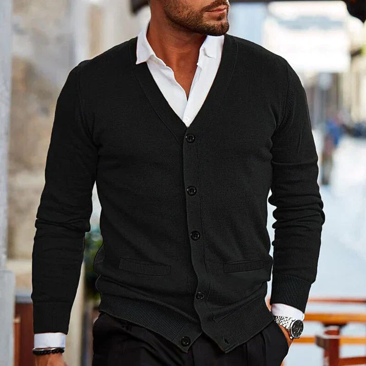 Men's versatile cardigan in soft gray, showcasing a classic design and relaxed fit for casual comfort and style adaptability.