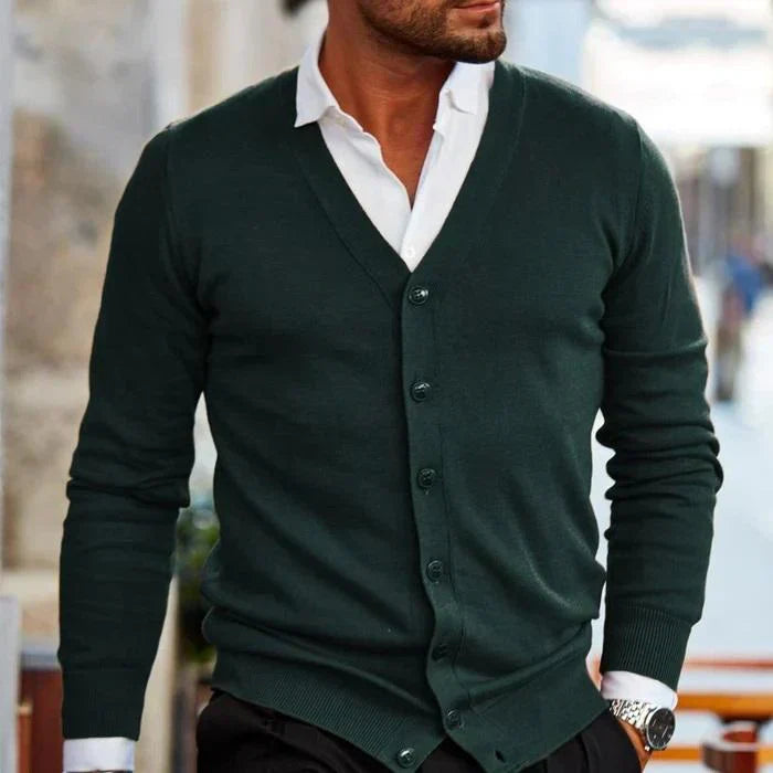 Men's versatile cardigan in soft gray, showcasing a classic design and relaxed fit for casual comfort and style adaptability.