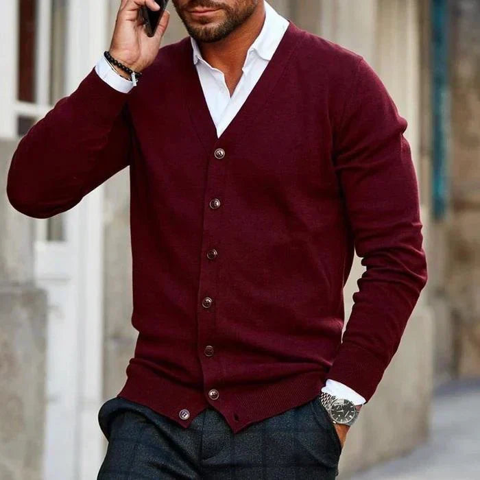 Men's versatile cardigan in soft gray, showcasing a classic design and relaxed fit for casual comfort and style adaptability.