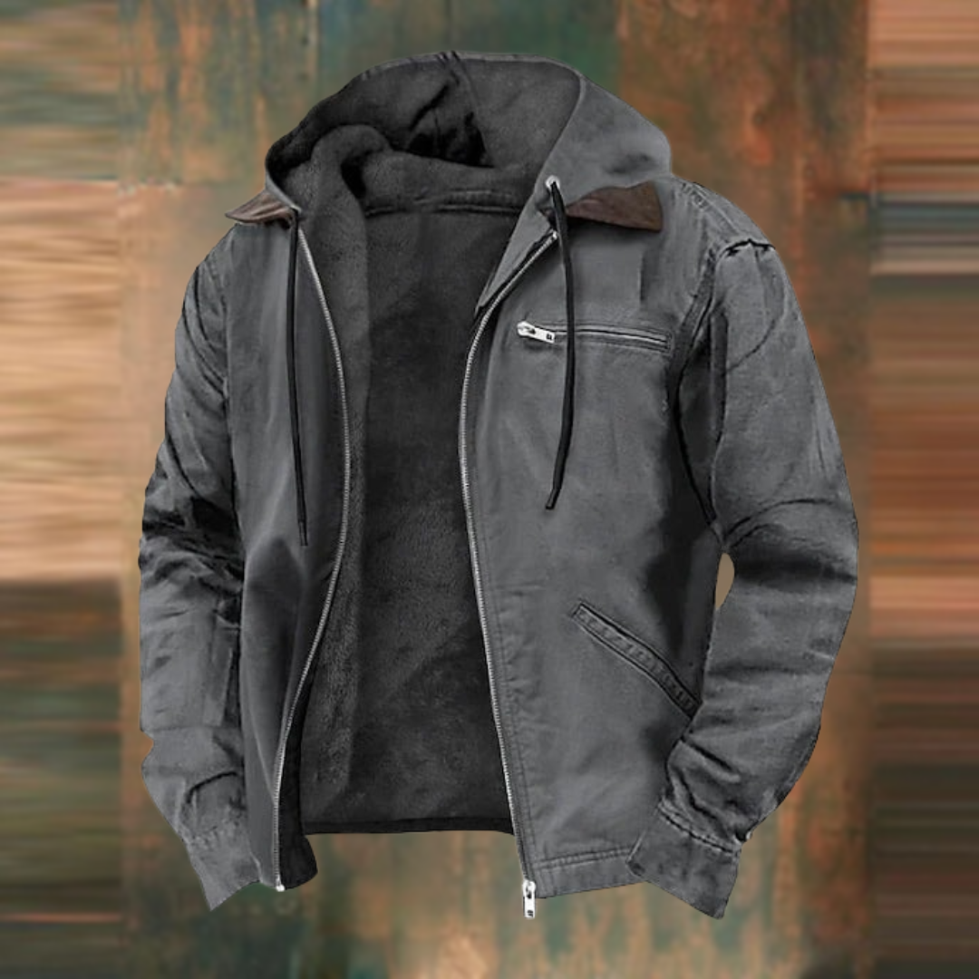 "Men's versatile hooded cotton jacket in stylish urban design with functional hood and eco-friendly sustainable fabric."