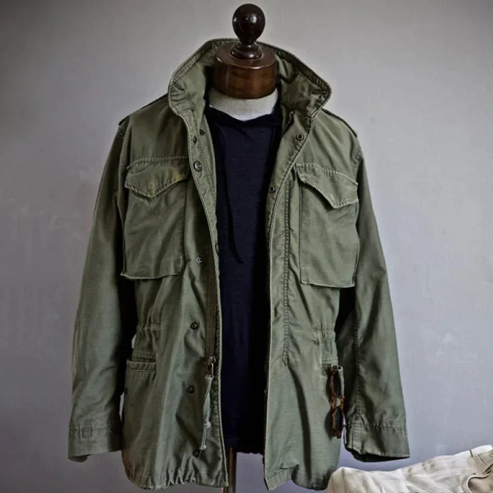 "Men's Vintage Cotton Field Jacket with adjustable waist; durable, breathable fabric, perfect for layering and outdoor wear."