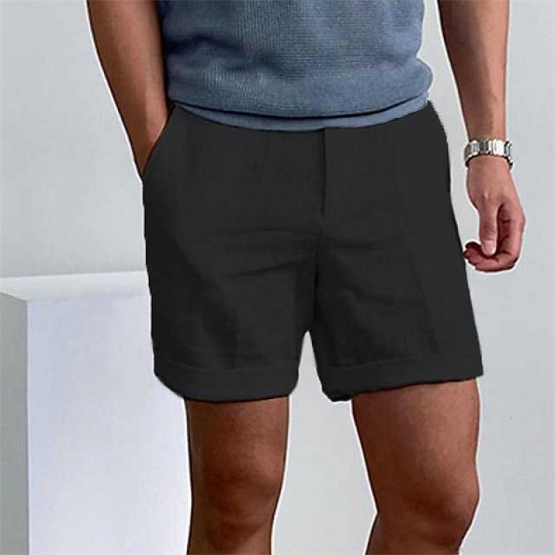 Men's vintage linen beach shorts, breathable and stylish in neutral tones, ideal for summer comfort and casual wear.