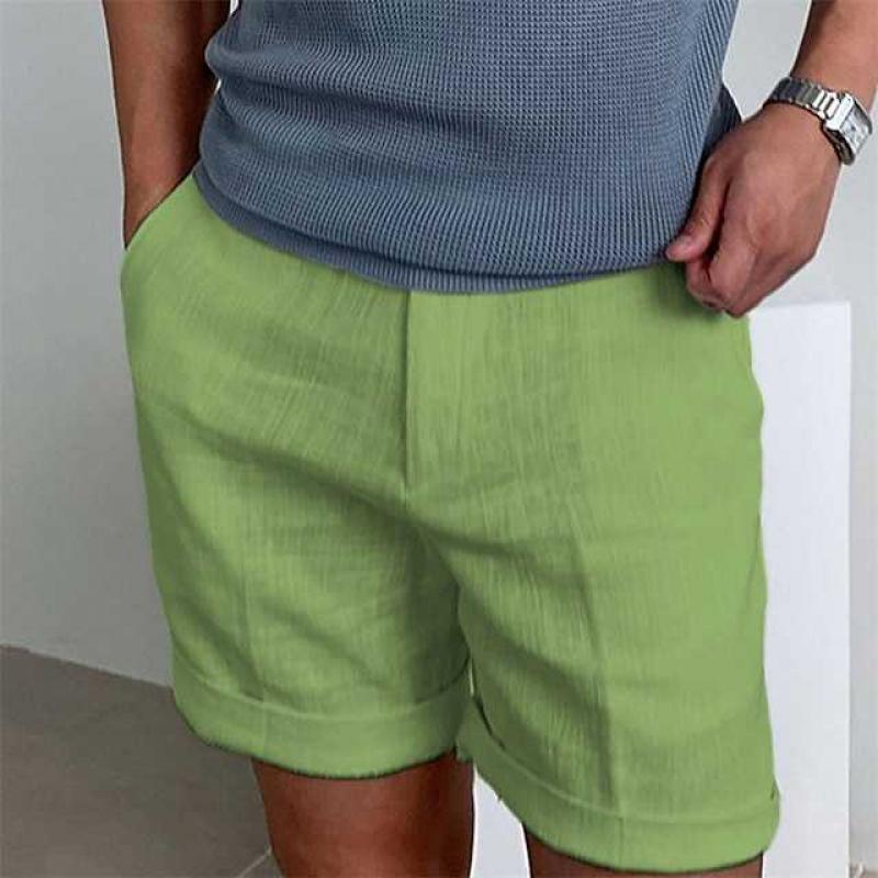 Men's vintage linen beach shorts, breathable and stylish in neutral tones, ideal for summer comfort and casual wear.